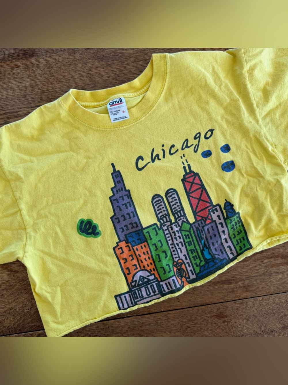 Y2K “Chicago” Crop Top Anvil Yellow with Colorful Skyline Graphic cut off